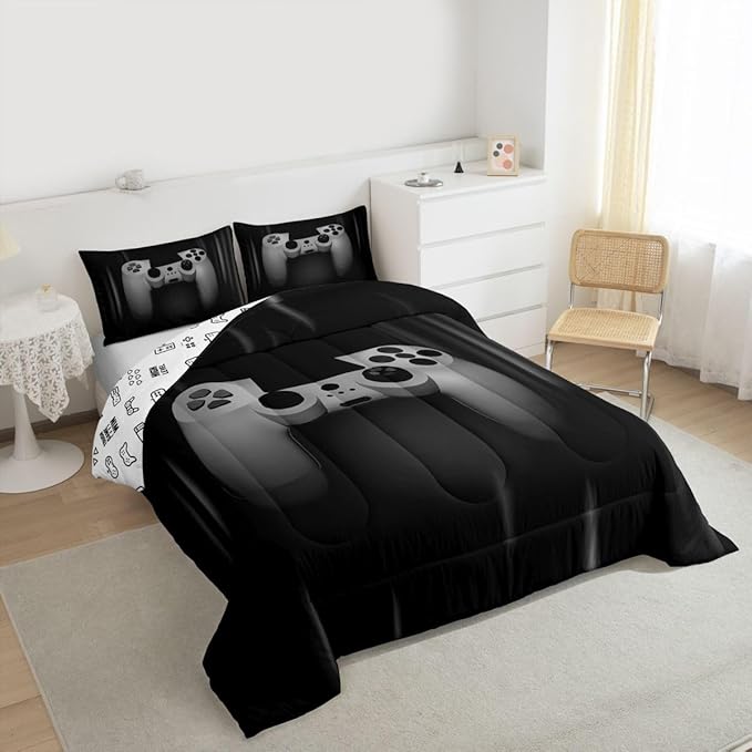 Feelyou Boys Gamer Comforter Set Full Size Bedding Set for Kids Gaming Comforter Gray Black Video Games Gamepad Room Decor for Teens Child Super Soft Geometric Duvet Quilted Son Grandson Gift