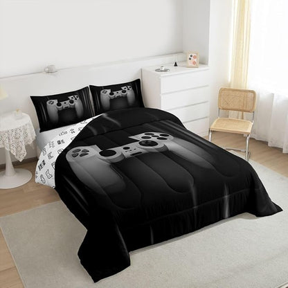 Feelyou Boys Gamer Comforter Set Queen Size Bedding Set for Kids Gaming Comforter Gray Black Video Games Gamepad Room Decor for Teens Child Super Soft Geometric Duvet Quilted Son Grandson Gift