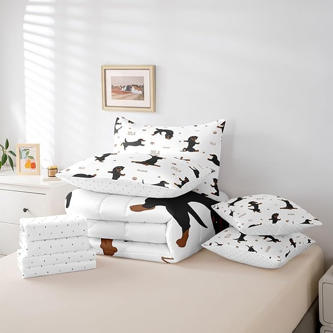 Feelyou Sausage Dog Bedding Set Boys Dachshund Comforter Set with Sheets 7 Piece Full Size for Kids Teens Ultra Soft Puppy Dog Bed in a Bag Kawaii Pet Brown Bed Set Room Decor