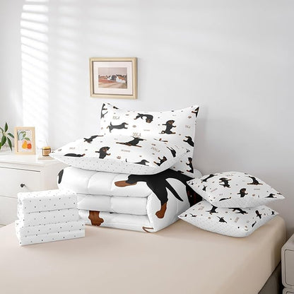 Feelyou Sausage Dog Bedding Set Boys Dachshund Comforter Set with Sheets 7 Piece Full Size for Kids Teens Ultra Soft Puppy Dog Bed in a Bag Kawaii Pet Brown Bed Set Room Decor