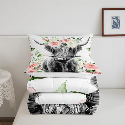 Feelyou Highland Cow Bedding Set Kids Rose Floral Bull Cattle Comforter Set for Girls Teens Western Wildlife Animal Comforter Farmhouse Duvet Set Room Decor Quilt Set Full Size