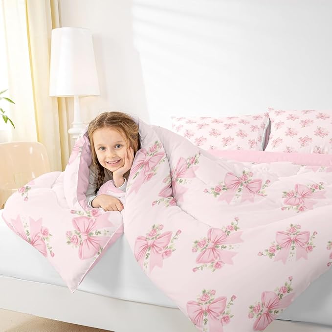 Erosebridal Cute Pink Floral Toddler Bedding Set,Pink Coquette Bow Comforter Set for Girls Kids,Princess Bowknot Bed Set,Boho Flower Wildflower Room Decor with 1 Pillowcase,Ultra Soft