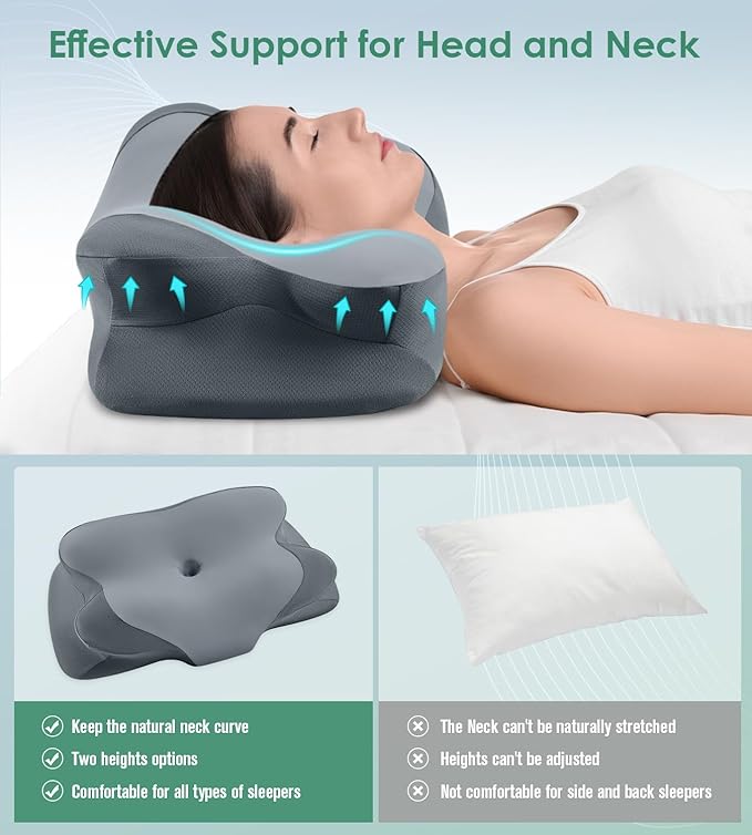 DONAMA Cervical Neck Pillow- Ergonomic Pillows for Pain Relief, Contour Memory Foam Pillow for Side/Back/Stomach Sleepers, CertiPUR-US Certified with Cooling Ice Silk Pillowcase