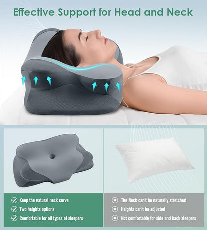 DONAMA Cervical Neck Pillow- Ergonomic Pillows for Pain Relief, Contour Memory Foam Pillow for Side/Back/Stomach Sleepers, CertiPUR-US Certified with Cooling Ice Silk Pillowcase