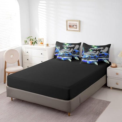 Feelyou Blue Racing Car 7 Piece Bedding Set Twin Size Extreme Sport Comforter Set with Sheets for Kids Boys Girls Teens Toddler Fast and Furious Bed in a Bag Black White Flag Bed Set