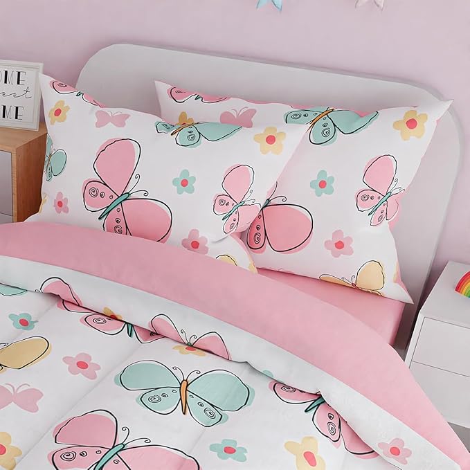 SANDJEST Butterfly Full Bedding Sets for Girls, Ultra Soft Microfiber Comforter Set with 4-Pieces, Bed Sets for Kid Tween Teen Bedroom Decor
