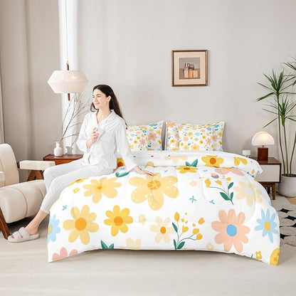Feelyou Cute Flower 7 Piece Bedding Set Full Size Kids Cartoon Cute Floral Bed in a Bag for Girls Teens Bright Yellow Comforter Set with Sheets Kawaii Bed Set