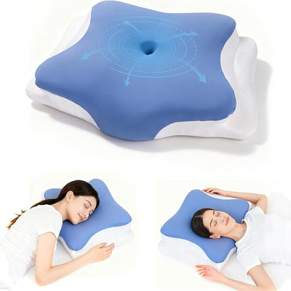 Neck Support Pillow Effectively Relieves Shoulder and Neck Pain, Ergonomic Memory Foam Pillow with Washable Ice Silk Cover, Breathable cervical Pillow for Back, Side, and Stomach Sleepers (Blue White)