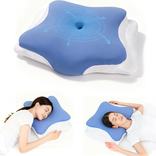 Neck Support Pillow Effectively Relieves Shoulder and Neck Pain, Ergonomic Memory Foam Pillow with Washable Ice Silk Cover, Breathable cervical Pillow for Back, Side, and Stomach Sleepers (Blue White)