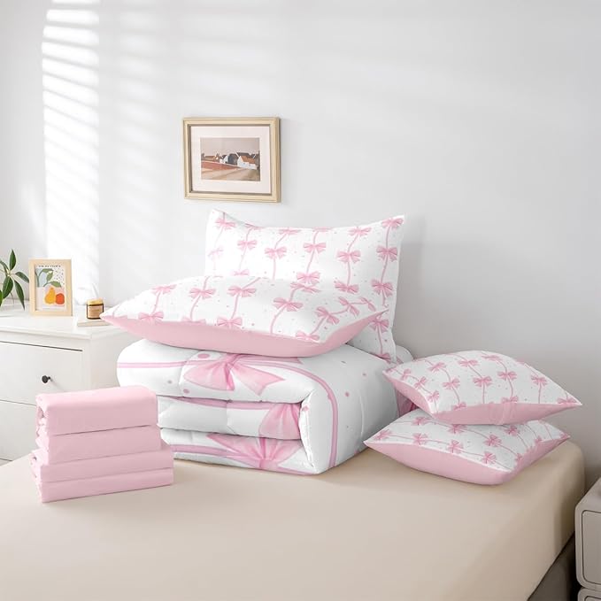 Feelyou Pink Bow 7 Piece Bedding Set Pretty Bowknot Comforter Set with Sheets for Kids Boys Girls Pink White Bed in a Bag Cute Wave Dot Bed Set Soft Lightweight