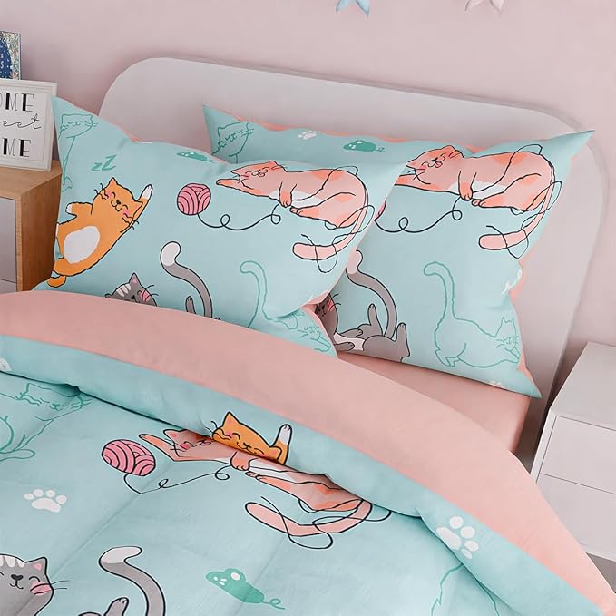 SANDJEST Cat Comforter Set Twin for Girls, Ultra Soft Microfiber Bedding Sets with 3-Pieces, Cats Comforters Bed Sets for Kids Children Girl Bedroom Decor