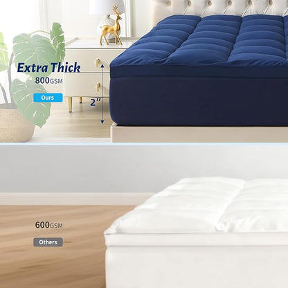 Mattress Topper with Deep Pocket, Extra Thick Pillow Top Mattress Pad, Breathable & Cooling Mattress Cover, Fits 8-21 Inch, Soft Support for Back Pain Relief, Mattress Protector (Queen, Navy Blue)