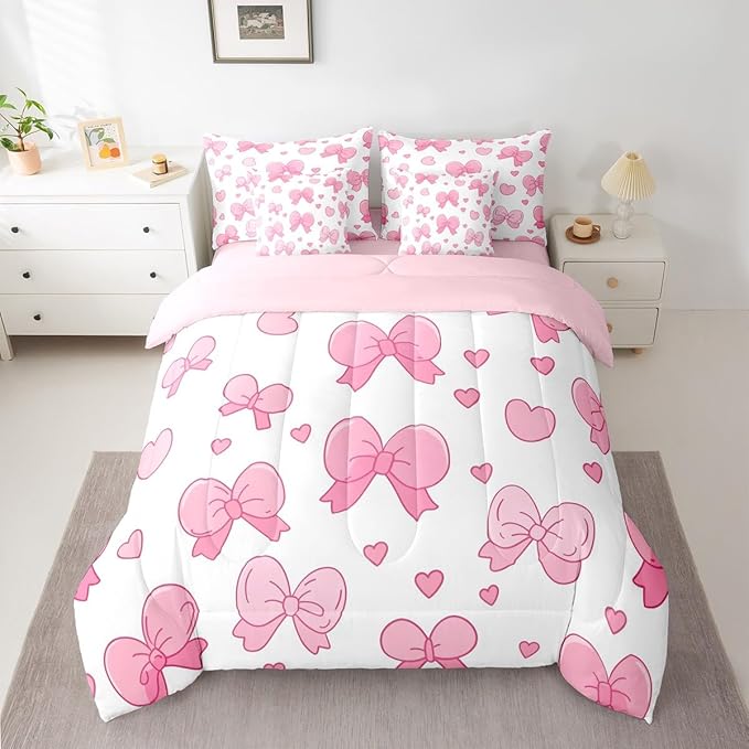 Feelyou Pink Bowknot 7 Piece Bedding Set Cartoon Bow Comforter Set with Sheets for Kids Boys Girls Cute Love Heart Bed in a Bag White Pink Bed Set Soft Lightweight