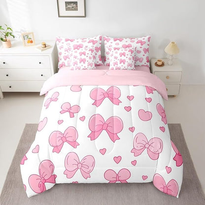 Feelyou Pink Bowknot 7 Piece Bedding Set Cartoon Bow Comforter Set with Sheets for Kids Boys Girls Cute Love Heart Bed in a Bag White Pink Bed Set Soft Lightweight