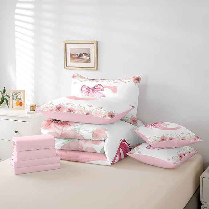 Erosebridal Queen Size Initial Letter C Bedding Sets, Kawaii Dreamy Princess Style Bed in A Bag for Teens, Pink Bow Tie Bowknot Comforter Set with Sheets Flower Floral Spring Bed Set Bedroom Decor
