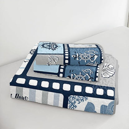 QOOMO Voyage Quilt Set King Size,Sailing Bedspread Coverlet Set,Ocean 3Pcs Bedding Set Printed Quilt with 2 Pillowcases,Soft and Lightweight,for All Seasons