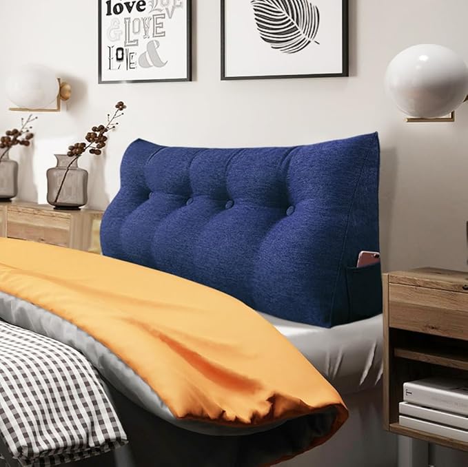Headboard Pillow Wedge Full Size Large Bolster Pillow for Bed Triangle Reading Pillow Back Support Pillow for Sitting Up in Bed XXL Couch Daybed Rest Backrest Cushion Linen Blue