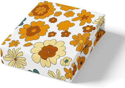70s Retro Flowers Comforter Covet,Vintage Autumn Floral Duvet Cover for Girls Teens Bedroom Gift,Wavy Geometric Hippie Comforter Cover Decorative with 2 Pillowcases, Full Size