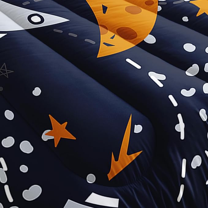 Space Bedding Comforter Set Twin Size for Kids Teens and Adults Rockets and Planets Printed for Bedroom Soft Microfiber All Season Print Quilt Set with 1 Comforter and 2 Pillow Case