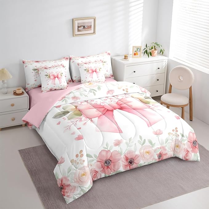 Erosebridal Pink Bow 7 Piece Bedding Set - Kawaii Floral Bowknot Comforter Sets with Sheets for Kids Girls Room Decor - Romance Flowers Coquette Bowknot Bed in A Bag Twin Size