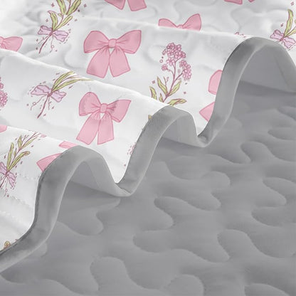 QOOMO Pink Bow Quilt Set Twin Size,Bowknot Bedspread Coverlet Set,Floral 3Pcs Bedding Set Printed Quilt with 2 Pillowcases,Soft and Lightweight,for All Seasons