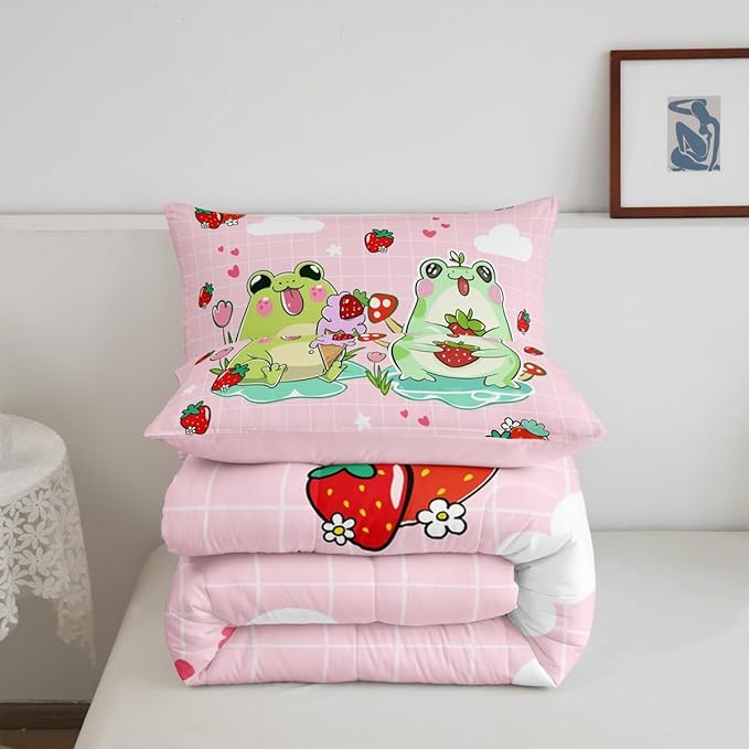 Cartoon Frog Comforter Set Twin Size Red Mushroom Strawberry Bedding Bedroom Decor Cute Stars Cloud Pink Grid Quilt Kawaii Animals Plants Duvet Insert 2pcs (ZZRS2949ZMD-BZ_USt)