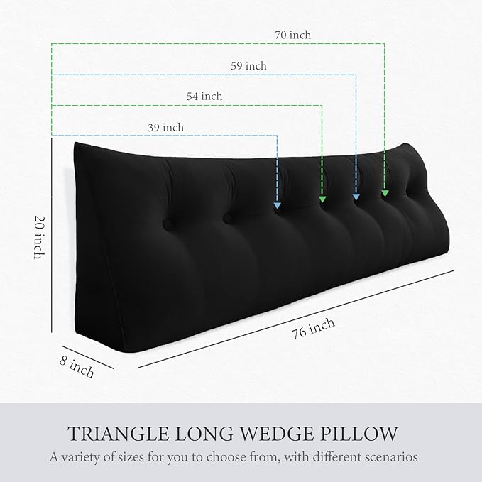 Headboard Pillow - 3 in 1 Large Bed Pillow as Wedge Reading Pillow, Large Couch Daybed Pillow or Positioning Support Backrest Back Cushion for Sitting in Bed Velvet Full Black