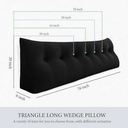 Headboard Pillow - 3 in 1 Large Bed Pillow as Wedge Reading Pillow, Large Couch Daybed Pillow or Positioning Support Backrest Back Cushion for Sitting in Bed Velvet Full Black
