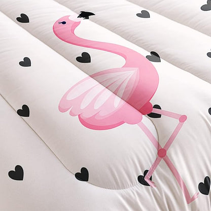 Flamingo Comforter Set Queen Size Tropical Pink Flamingo Love Heart Pattern Bedding Set Kawaii Quilted Duvet for Kids Girls Boys Adult with 1 Comforter and 2 Pillowcases