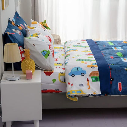 Wajade Cartoon Cars Comforter Set Bed in A Bag Full Size Colorful Cars Bus Van Traffic Lights Bedding Set for Boys Kids (1 Comforter, 1 Flat Sheet, 1 Fitted Sheet, 2 Pillowcase and 2 Pillow Sham)