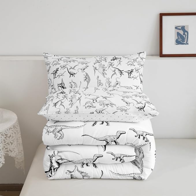 Feelyou Dinosaur Bedding Set Queen Size 3D Digital Print Comforter Set for Kids Boys Girls Decor Jungle Dino Comforter Wild Animal Black and White Duvet Set Bedroom Quilt Set