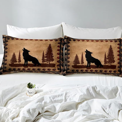Feelyou Cute Wolf Comforter Set for Girls Boys Kids Wolves Howling Bedding Set Room DecorAnimal Wolves Tree Bedding Set Exotic Brown Black Duvet Set Full Size 3Pcs Quilt Boys