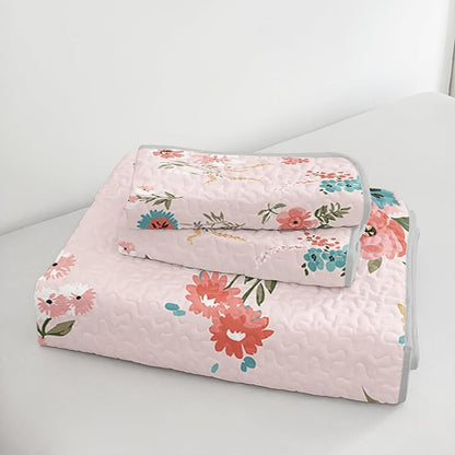 QOOMO Floral Quilt Set Twin Size,Flower Bedspread Coverlet Set,Flower 3Pcs Bedding Set Printed Quilt with 2 Pillowcases,Soft and Lightweight,for All Seasons