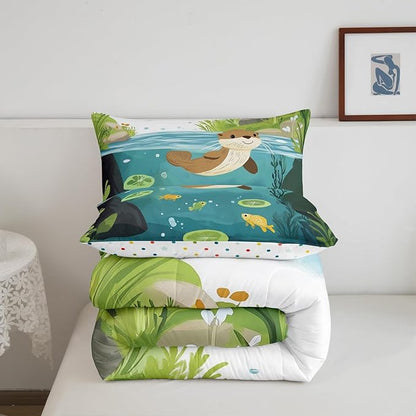 Cartoon Otter Kids Toddler Comforter Set Cute Turtle Fish Wild Animals Bedding Sets for Boys Girls Teens Green Lotus Leaf Natural Scenery Rustic Quilted Comforter with 1 Pillowcase 2 Pcs