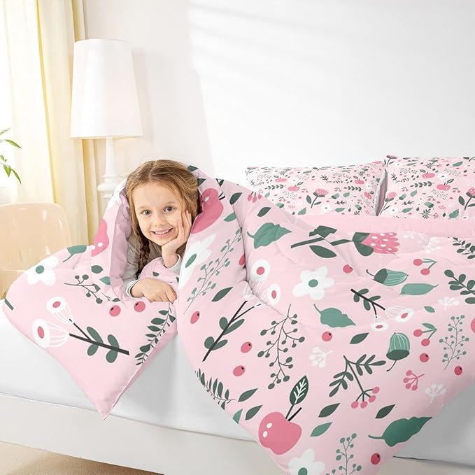 Erosebridal Pink Floral Full Comforter Set - Boho Flower Cute Bedding Set for Girls Kids Teen, Botanical Plant Green Leaves Quilt, Farmhouse Bedroom Decor with 2 Pillowcases, Breathable