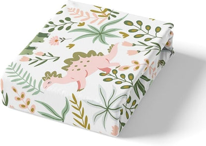 Cute Dino Kids Bedding Set King Size for Teens,Kawaii Pink Green Dinosaur Comforter Cover with 2 Pillowcases,Cartoon Wildlife Floral Leaves Plant Duvet Cover Set Microfiber Quilt Cover