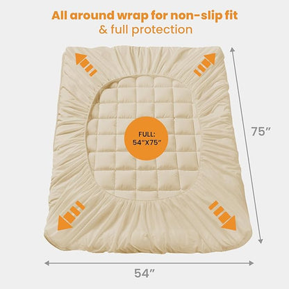 MATBEBY Full Size Mattress Pad - Cooling Breathable Mattress Topper, Quilted Fitted Mattress Protector, Pillow Top Mattress Cover with 8-21" Deep Pocket, Soft, Machine Washable, Beige, 54x75 Inches