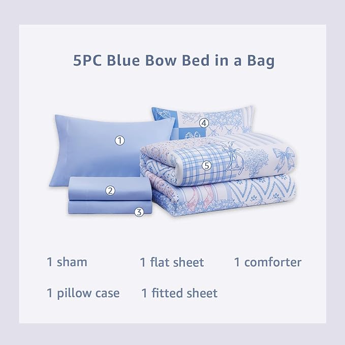 Twin XL Comforter Set for Girls, Cute Blue Bow Bedding 5 Pieces Kids Bed Set, All Season Dorm Bed in a Bag with Sheets, Pillowcase & Sham
