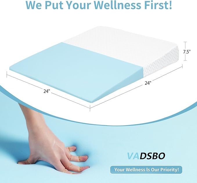 Wedge Pillow, Bed Wedge Pillows for Sleeping, Snoring, Back Support, After Surgery, Foam Triangle Pillow, Removable Washable Cover (Whtie Grey 7.5, 24x24x7.5in)