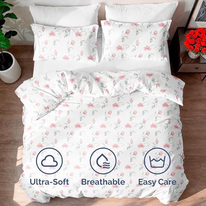 Duvet Cover Queen Size Set - Extra Soft Floral Duvet Cover 90 x 90 with 2 Pillow Shams - Comfy, Breathable Floral Bedding Set - Hotel Luxury Easy-Care & Fade Free with Zipper Closures & Ties - Rosebud