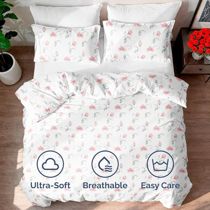 Duvet Cover Queen Size Set - Extra Soft Floral Duvet Cover 90 x 90 with 2 Pillow Shams - Comfy, Breathable Floral Bedding Set - Hotel Luxury Easy-Care & Fade Free with Zipper Closures & Ties - Rosebud