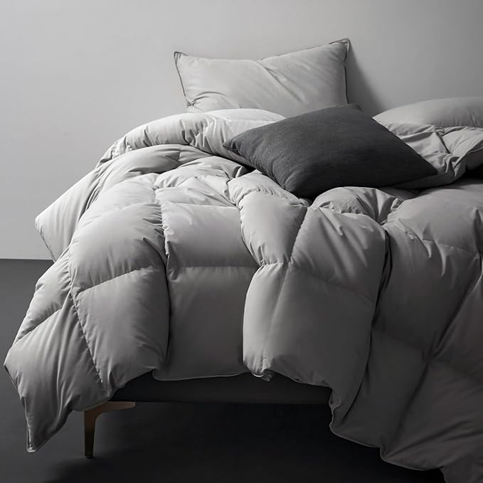 Royoliving Premium Feathers Down Comforter 100% Cotton Cover Duvet Insert with Corner Tabs (Grey, California King All Season)