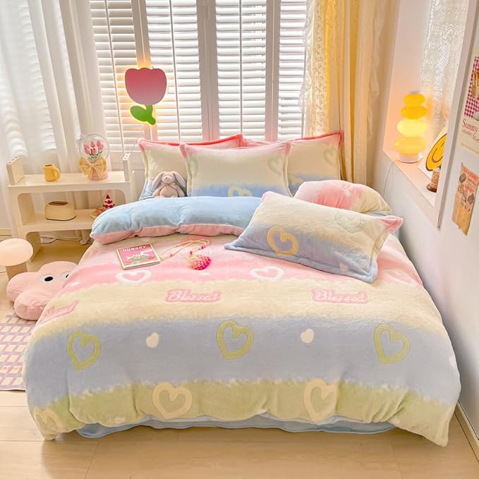 Rainbow Love Kids Duvet Cover Set Queen Cute Kawaii Bedding Set Snowflake Fluffy Comforter Cover Blanket Soft Reversible Duvet Cover Room Decor for Girls Women Boys(Love,Queen)