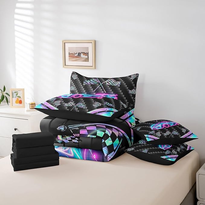 Feelyou Glitter Race Car 7 Piece Bedding Set King Size Extreme Sports Comforter Set with Sheets for Kids Teens Adult Fast and Furious Bed in a Bag Dazzling Flag Bed Set