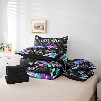 Feelyou Glitter Race Car 7 Piece Bedding Set King Size Extreme Sports Comforter Set with Sheets for Kids Teens Adult Fast and Furious Bed in a Bag Dazzling Flag Bed Set