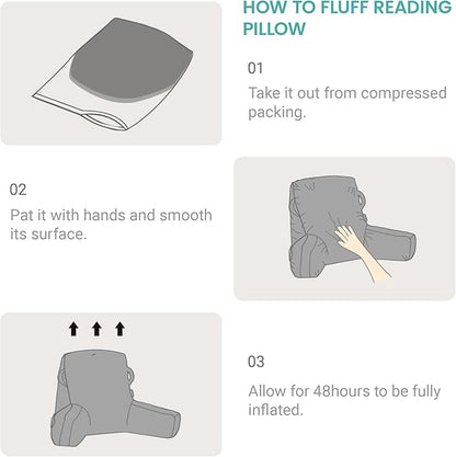 Portable Comfy Reading Pillows for Bed Sitting Up(Lake Blue Oeko-Tex), Velvet Back Pillow with Arms & Pockets for Adults, Support Memory Foam Bed Pillow for Dorm/Reading/Watching/Gaming