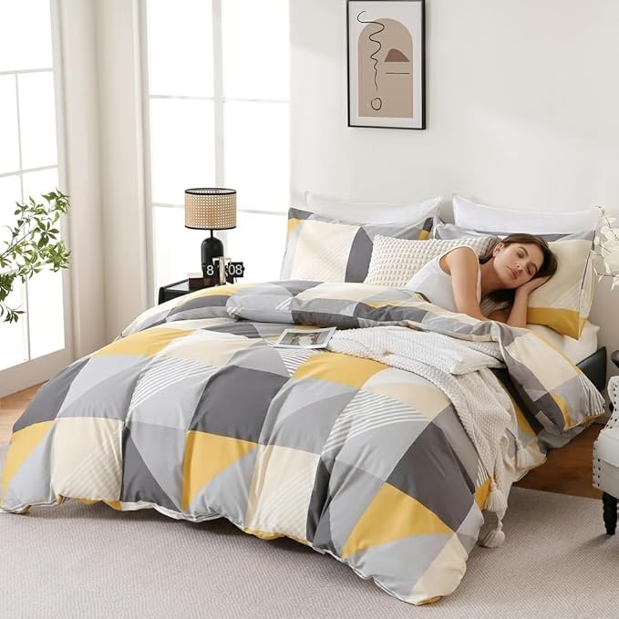 Yellow and Grey Duvet Cover Set King Size, 100% Natural Cotton Geometric Duvet Cover 3 Piece Soft Breathable Bedding Set for All Seasons