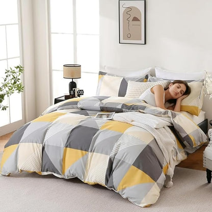 Yellow and Grey Duvet Cover Set Queen Size, 100% Natural Cotton Geometric Duvet Cover 3 Piece Soft Breathable Bedding Set for All Seasons