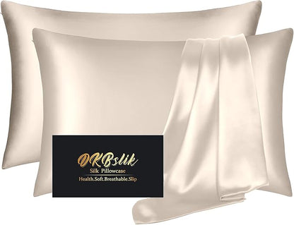Silk Pillowcase 2 Pack, Mulberry Silk Pillow Cases Queen Size Set of 2, Anti Acne Silk Pillowcase for Hair and Skin, Natural Silk Satin Pillowcases Gifts for Women Men 2 Pack with Zipper, Beige
