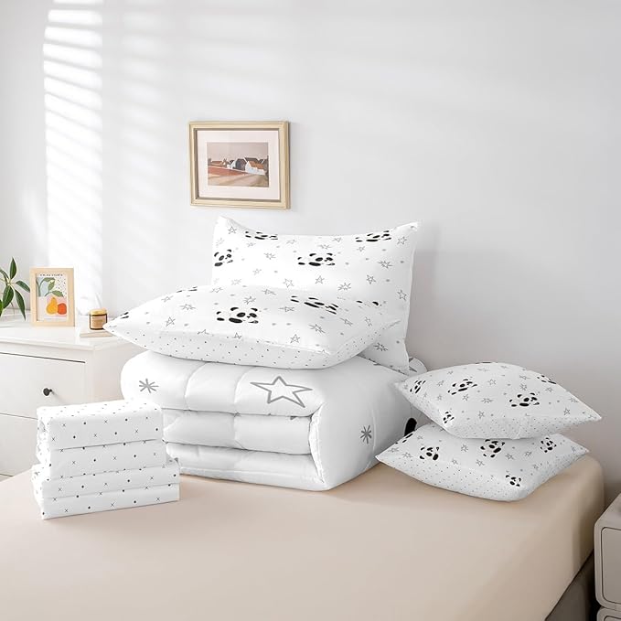 Feelyou Cartoon Comforter Set with Sheets 7 Piece Queen Size Kids Cute Animal Bed in a Bag for Boys Girls Kawaii Bedding Set Breathable Panda Bear Printed Black White Bed Set Room Decor